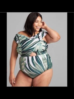 Lane Bryant Green Leaf Print One-Piece Swimsuit